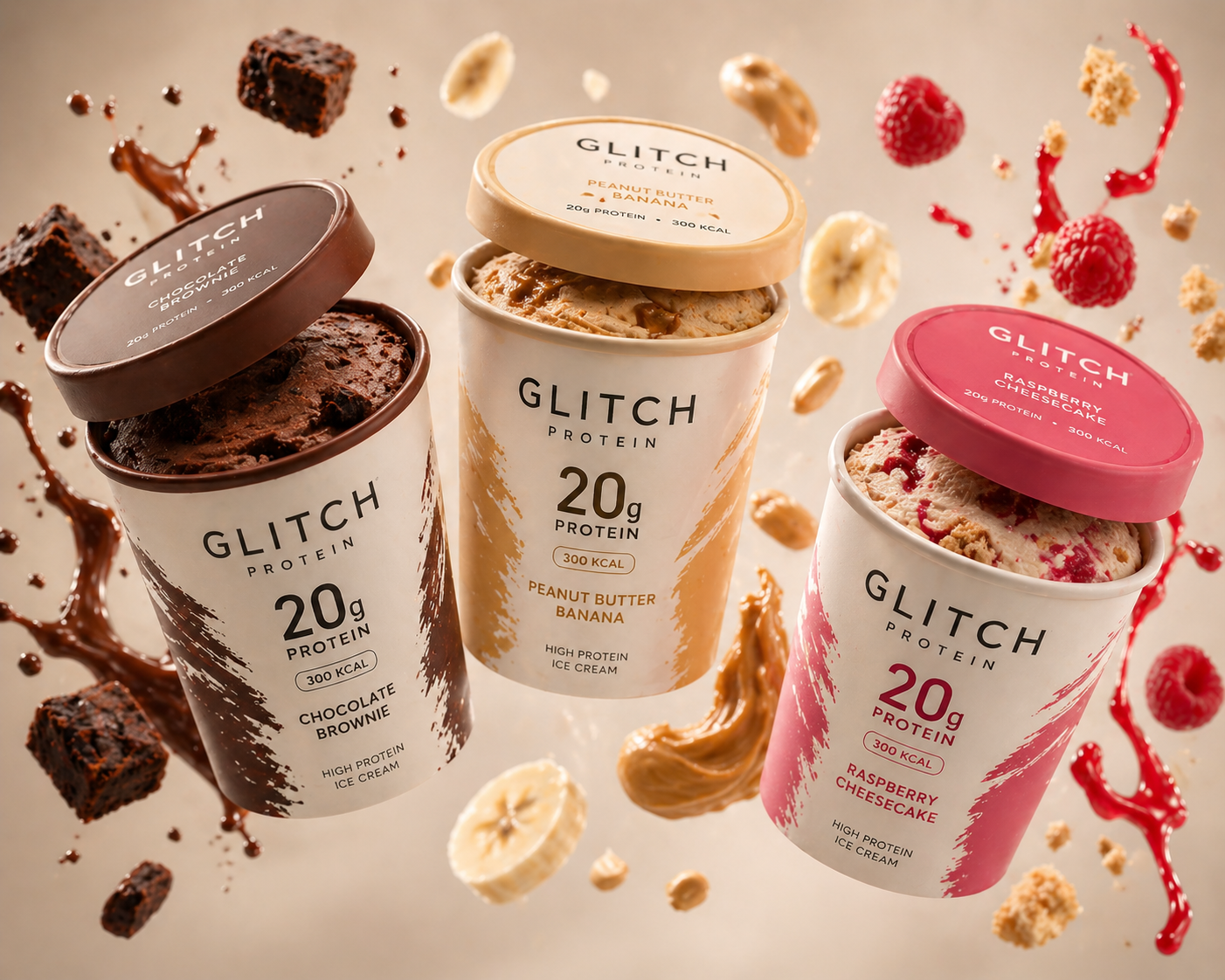 Three GLITCH Protein ice cream tubs with brownie, peanut butter banana, and raspberry flavors
